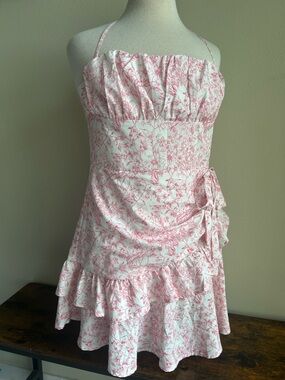 SHEIN Pink Floral Backless Ruffled Halter Dress